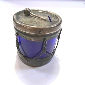 Vintage Leonard Silver Plate Cobalt Blue Glass Drum Coin Bank Music Decor
